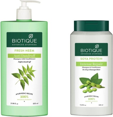 BIOTIQUE Shampoo Combo – Neem 650 ML & Soya Protein 340 ML  (990 ml)