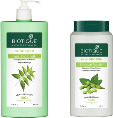 BIOTIQUE Shampoo Combo – Neem 650 ML & Soya Protein 340 ML (990 ml)
