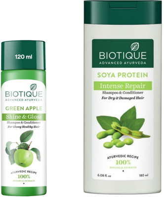 BIOTIQUE Soya Protein Shampoo 180Ml & Green Apple Shampoo 120Ml (Set of 2)(300 ml)
