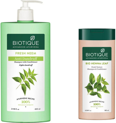 BIOTIQUE Shampoo Combo – Neem 650 ML & Henna Leaf 180 ML (830 ml)