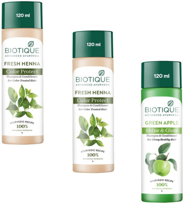 BIOTIQUE Shampoo 120ml - Fresh Henna -2pcs & Green Apple (Pack of 3)(360 ml)