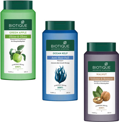 BIOTIQUE Shampoo 340ml - Green Apple & Ocean Kelp & Walnut (Pack of 3)(1020 ml)