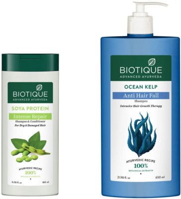 BIOTIQUE Shampoo - Soya Protein - 180ml & Ocean Kelp - 650ml (Pack of 2)(830 ml)