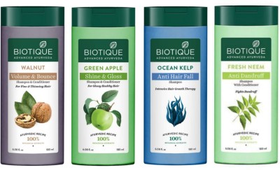 BIOTIQUE Shampoo 180ml - Walnut, G. Apple, O. Kelp, F. Neem (Pack of 4)(720 ml)