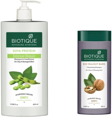 BIOTIQUE Shampoo Combo – Soya Protein 650 ML & Walnut Bark 180 ML  (830 ml)