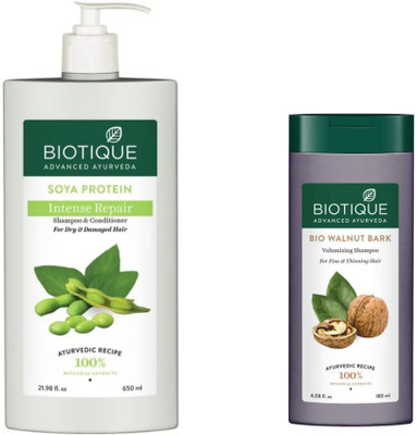 BIOTIQUE Shampoo Combo – Soya Protein 650 ML & Walnut Bark 180 ML (830 ml)