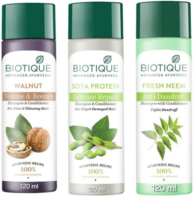 BIOTIQUE Shampoo 120 ML - Walnut , Soya Protein & Fresh Neem(360 ml)