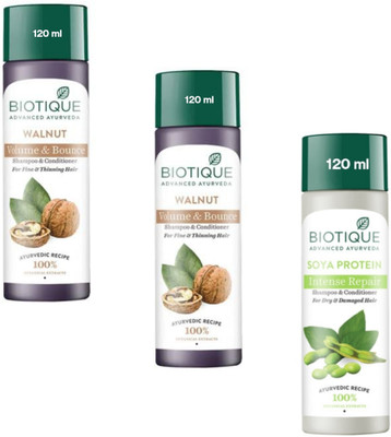 BIOTIQUE Shampoo 120ml - Walnut -2pcs & Soya Protein (Pack of 3)(360 ml)