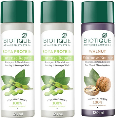 BIOTIQUE Shampoo 120 ML - Soya Protein Qty-2 & Walnut Qty-1(360 ml)
