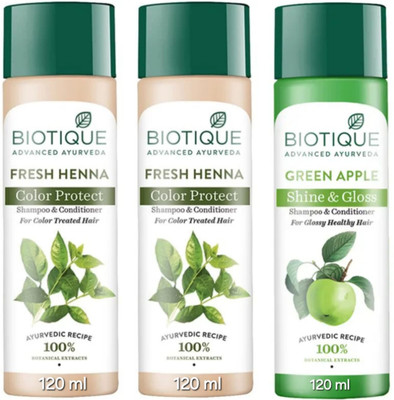 BIOTIQUE Shampoo 120 ML - Fresh Henna Qty-2 & Green Apple Qty-1(360 ml)