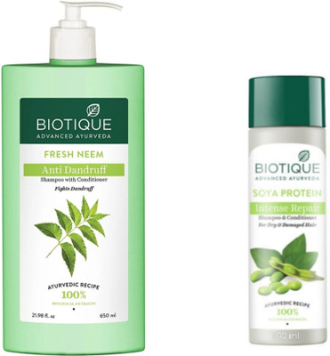 BIOTIQUE Shampoo Combo – Neem 650 ML & Soya Protein 190 ML (840 ml)