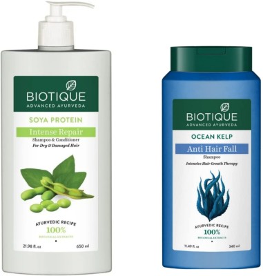 BIOTIQUE Shampoo Combo – Soya Protein 650 ML & Ocean Kelp 340 ML  (990 ml)