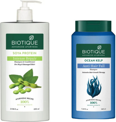 BIOTIQUE Shampoo Combo – Soya Protein 650 ML & Ocean Kelp 340 ML (990 ml)