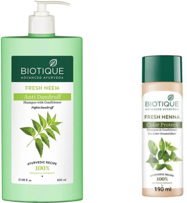 BIOTIQUE Shampoo Combo – Neem 650 ML & Henna Leaf 190 ML (840 ml)