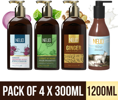 NEUD Combo of 4 Shampoos – Onion, Aloe Vera, Ginger & Goat Milk | 4 x 300ml Bottle(1200 ml)