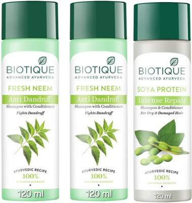 BIOTIQUE Shampoo 120 ML - Fresh Neem Qty-2 & Soya Protein Qty-1(360 ml)