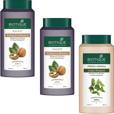 BIOTIQUE Shampoo 340ml - Walnut Volume & Bounce -2pcs & Fresh Henna (Pack of 3)(1020 ml)