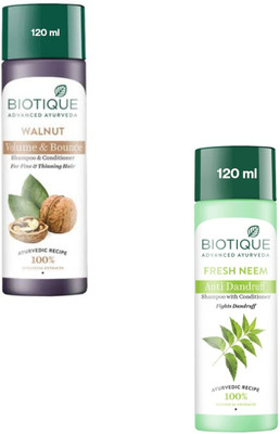BIOTIQUE Shampoo 120ml - Walnut Volume & Bounce & Fresh Neem Anti Dand. (Pack of 2)(240 ml)