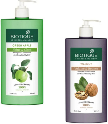 BIOTIQUE Shampoo 650ML - Green Apple Shine & Gloss, & Walnut (Pack of 2)(1300 ml)