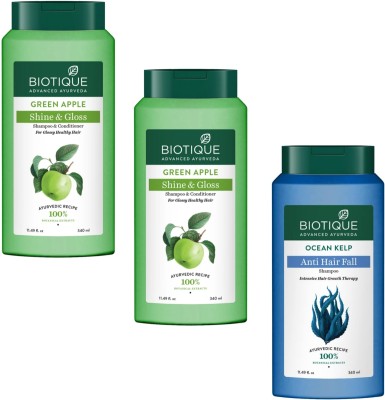 BIOTIQUE Shampoo 340ml - Green Apple Shine & G. & Ocean Kelp (Pack of 3)(1020 ml)