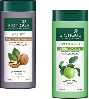 BIOTIQUE Shampoo 180ml - Walnut Volume & Bounce, & Green Apple Shine & Gloss (Pack of 2)(360 ml)