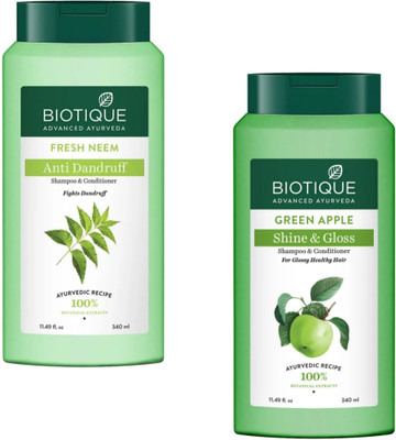 BIOTIQUE Shampoo 340ml - Green Apple Shine & G. & Fresh Neem Anti D. (Pack of 2)(680 ml)