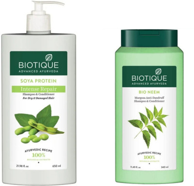 BIOTIQUE Shampoo Combo – Soya Protein 650 ML & Neem 340 ML (990 ml)