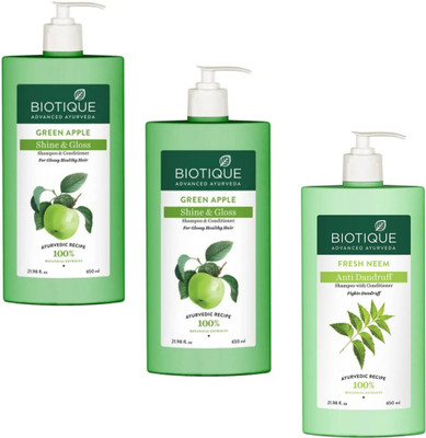 BIOTIQUE Shampoo 650ml - Green Apple -2pcs & Fresh Neem (Pack of 3)(1950 ml)