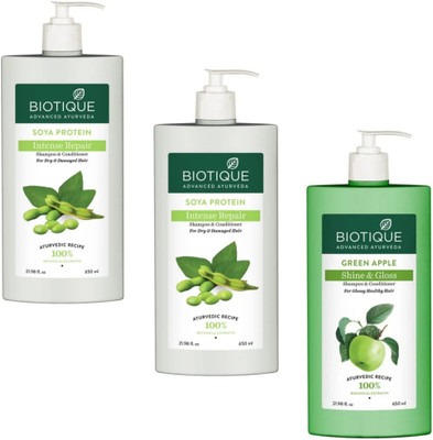 BIOTIQUE Shampoo 650ml - Soya Protein -2pcs & Green Apple (Pack of 3)(1950 ml)