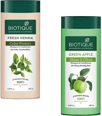 BIOTIQUE Shampoo 180ml - Fresh Henna & Green Apple (Pack of 2)(360 ml)
