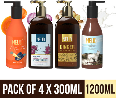 NEUD Combo of Onion, Ginger, Goat Milk & Carrot Seed Shampoos | 300ml x 4 | Unisex(1200 ml)