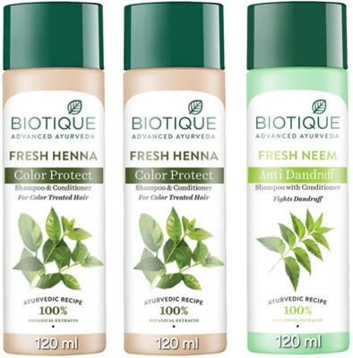 BIOTIQUE Shampoo 120 ML - Fresh Henna Qty-2 & Fresh Neem Qty-1(360 ml)