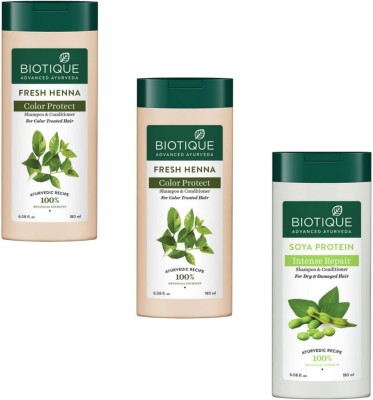 BIOTIQUE Shampoo 180ml - Fresh Henna Colour Protect -2pcs & Soya Protein (Pack of 3)(540 ml)