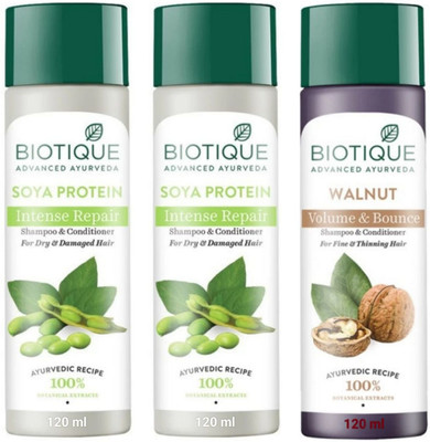 BIOTIQUE Shampoo 120 ML - Soya Protein Pcs-2 & Walnut Pcs-1(360 ml)