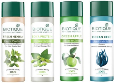 BIOTIQUE Shampoo Combo - Fresh Henna & Soya Protein &Green Apple & Ocean Kelp 120ml Each(480 ml)