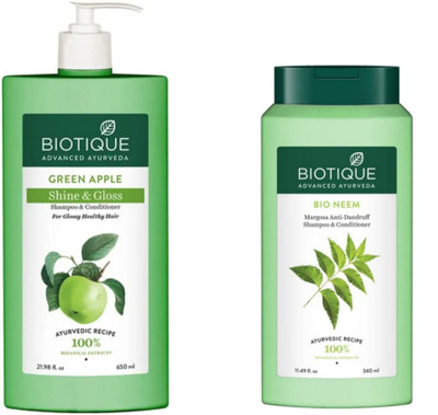 BIOTIQUE Shampoo Combo – Green Apple 650 ML & Neem 340 ML (990 ml)