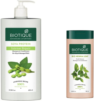 BIOTIQUE Shampoo Combo – Soya Protein 650 ML & Henna Leaf 180 ML (830 ml)