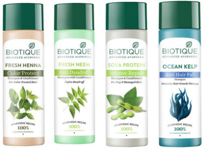 BIOTIQUE Shampoo Combo - Fresh Henna & Fresh Neem & Soya Protein & Ocean Kelp 120ml Each(480 ml)