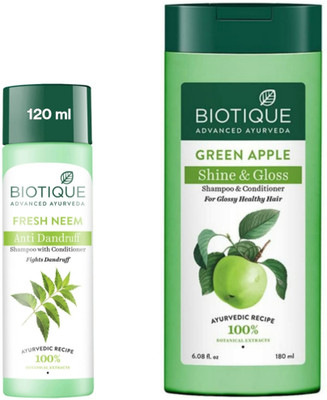BIOTIQUE Green Apple Shampoo 180Ml & Fresh Neem Shampoo 120Ml (Set of 2)(300 ml)