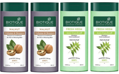BIOTIQUE Shampoo 180ml - Walnut Volume & Bounce -2pcs & Fresh Neem -2pcs (Pack of 4)(720 ml)