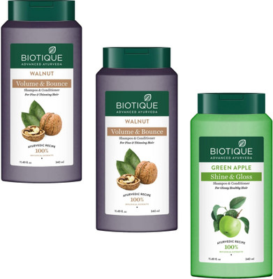 BIOTIQUE Shampoo 340ml - Walnut Volume & Bounce -2pcs & Green Apple (Pack of 3)(1020 ml)