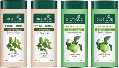 BIOTIQUE Shampoo 180ml - Fresh Henna Colour Prot. -2pcs & Green Apple -2pcs (Pack of 4)(720 ml)