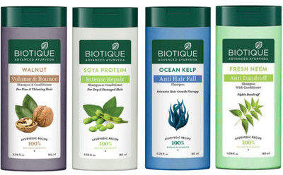 BIOTIQUE Fresh Neem & Soya Protein & Ocean Kelp & Walnut Shampoo 180Ml (Pack Of 4)(720 ml)