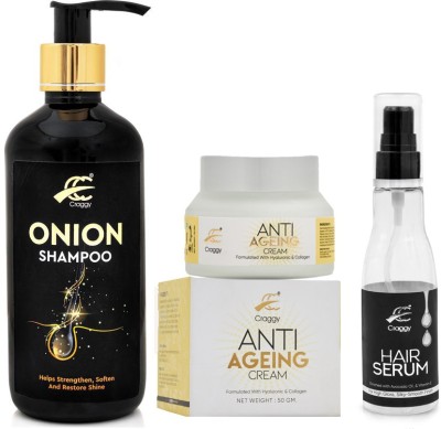 craggy cosmetic Onion Shampoo With Anti Ageing Cream & Hair Serum (Pack of 3)(450 ml)