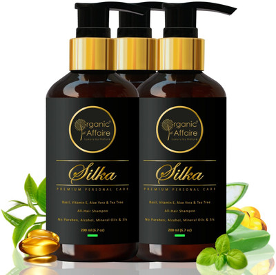 Organic Affaire Pack of 3 x 200ml Silka Natural Shampoo (Basil, Tea Tree & Aloe Vera) SLS Free(600 ml)