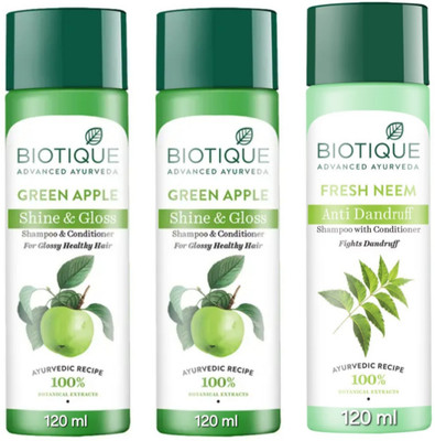 BIOTIQUE Shampoo 120 ML - Green Apple Qty-2 & Fresh Neem Qty-1(360 ml)