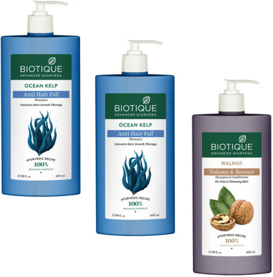 BIOTIQUE Shampoo 650ml - Ocean Kelp -2pcs & Walnut (Pack of 3)(1950 ml)
