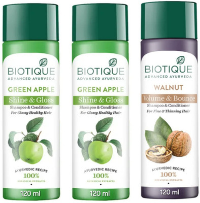 BIOTIQUE Shampoo 120 ML - Green Apple Qty-2 & Walnut Qty-1(360 ml)