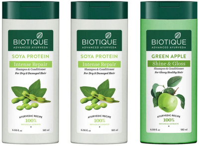 BIOTIQUE Shampoo 180 ML - Soya Protein Qty-2 & Green Apple Qty-1(540 ml)