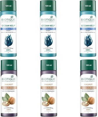 BIOTIQUE Shampoo 120ml - Ocean Kelp -3pcs & Walnut Volume & bounce -3pcs (Pack of 6)(720 ml)